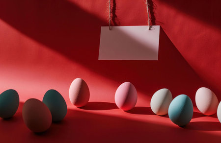 Colorful pastel eggs arranged on a red background with a blank hanging card. Minimalist Easter...