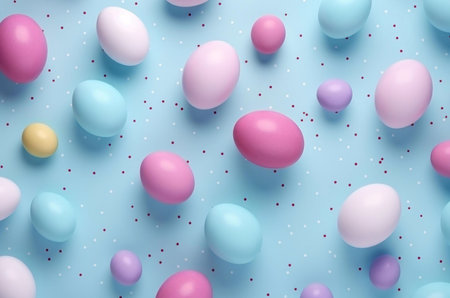 A delightful image of pastel-colored eggs on a light blue background. Perfect for Easter...
