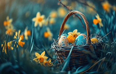 A charming wicker basket filled with colorful Easter eggs sits amidst a field of vibrant yellow daffodils.の写真素材