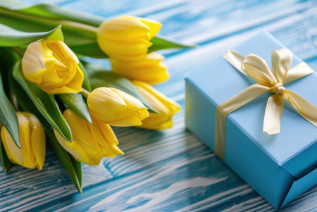 A lovely bunch of yellow tulips next to a light blue gift box tied with a gold ribbon. A perfect spring scene!の写真素材