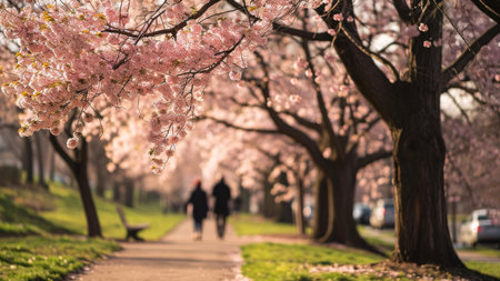 A couple strolls along a path lined with blossoming cherry trees. The pink flowers create a romantic...