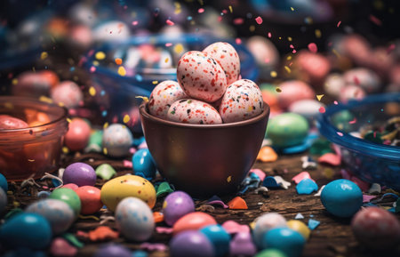 A brown bowl filled with colorful speckled chocolate Easter eggs, surrounded by more candies and...