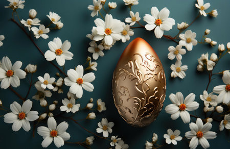A golden Easter egg with intricately floral design surrounded by white flowers on a teal background....