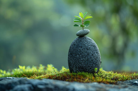 A small plant sprouts atop a balanced stack of stones, symbolizing growth and peace in nature.の写真素材