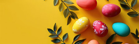 Happy Easter! Colorful decorated eggs and spring leaves on a yellow background. Festive holiday...