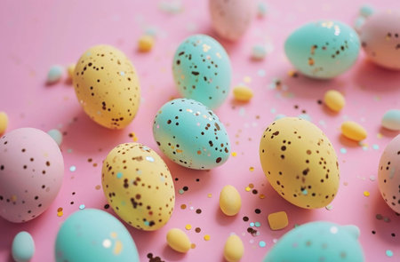 Close-up of pastel-colored Easter eggs decorated with gold confetti on a pink background. Sweet...