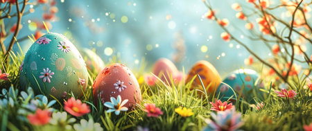 Colorful Easter eggs nestled in a vibrant spring meadow, surrounded by blooming flowers. A festive...