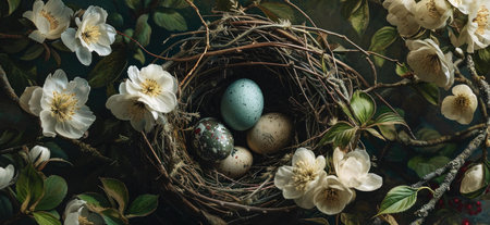 A bird's nest holding speckled eggs surrounded by delicate white blossoms. A serene spring scene.