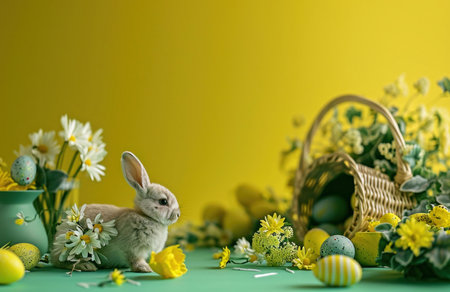 A cute bunny surrounded by spring flowers and pastel Easter eggs. A joyful image perfect for Easter...