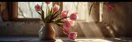 Pink tulips in a vase, bathed in sunlight by a window. A serene spring scene.の写真素材