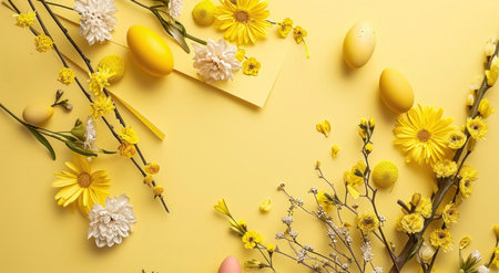 A pastel yellow background featuring yellow Easter eggs and blooming flowers. Perfect for spring and Easter celebrations.の写真素材