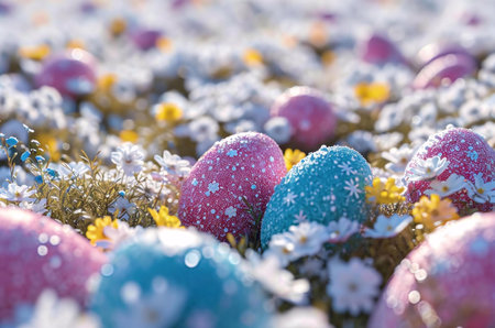 A delightful image of pastel Easter eggs nestled amongst a field of blooming spring flowers.