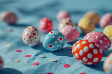 Close-up view of colorful, decorated Easter eggs on a blue fabric background with confetti. A...