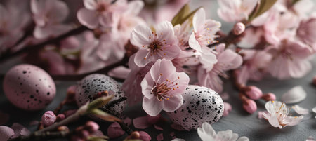 Close-up view of pastel pink Easter eggs nestled amongst delicate pink cherry blossoms. A spring...