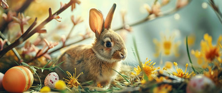A charming Easter bunny surrounded by colorful eggs and spring flowers. A heartwarming springtime...