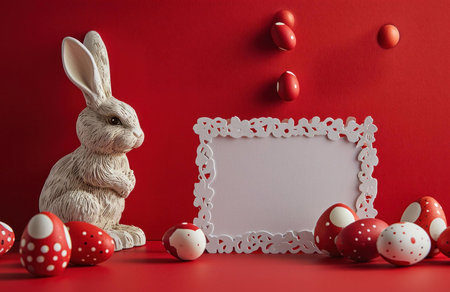 A white bunny figurine surrounded by red and white polka dot eggs and a blank white frame on a red background. Perfect for Easter greetings.の写真素材