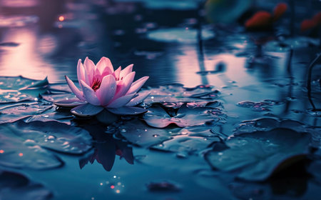 Pink water lily floats serenely on a dark pond at twilight. Peaceful reflection.の写真素材
