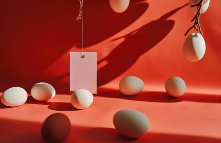 Pastel eggs hanging and placed on a coral background with a blank tag. Minimalist style photo.
