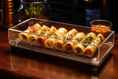 A tempting array of spring rolls in a transparent display. Perfect appetizer!