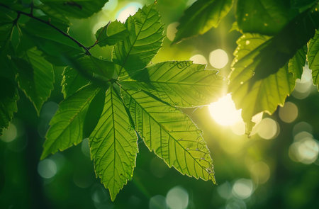 Close-up of vibrant green leaves illuminated by sunlight filtering through a forest canopy.