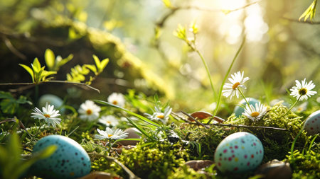 Pastel Easter eggs nestled amongst blooming daisies and vibrant green moss in a sunlit forest. A...