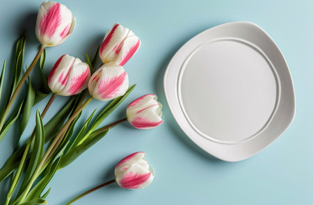 A delightful arrangement of pink and white tulips beside a pristine white plate. A perfect spring scene.の写真素材