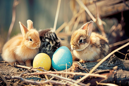 Three adorable bunnies nestled amongst Easter eggs. A perfect springtime image!