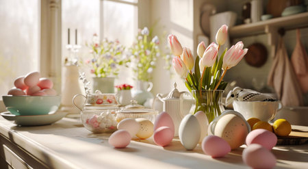 A sunlit Easter kitchen scene with pink tulips, pastel eggs, and sweet treats.