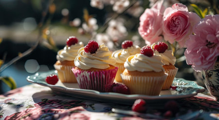 Three delightful raspberry cupcakes with creamy frosting, surrounded by pink roses in a sunlit garden.の写真素材