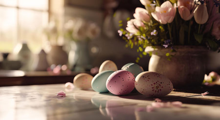 A heartwarming Easter scene with pastel-colored eggs and a vase of tulips, bathed in soft sunlight.
