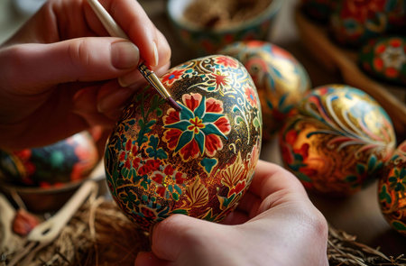 Close-up of hands delicately painting intricately floral designs onto golden Easter eggs. A vibrant display of artistry and tradition.の写真素材