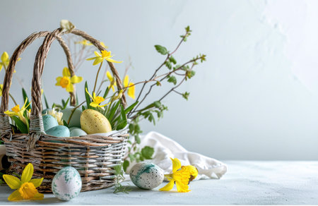 A rustic wicker basket filled with pastel Easter eggs and yellow daffodils, creating a cheerful...