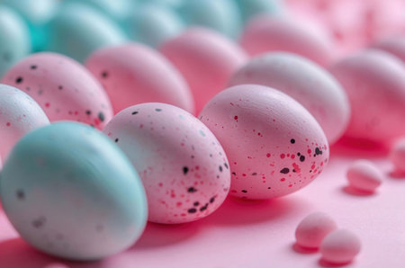 A delightful close-up of pastel pink and blue speckled Easter eggs. Perfect for spring celebrations and holiday decorations.の写真素材