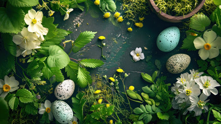 Beautiful Easter eggs nestled amongst vibrant spring flowers and greenery. A delightful arrangement...