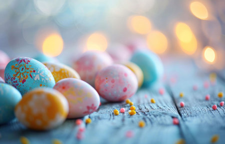 Close-up of beautifully painted Easter eggs on a rustic wooden table, with warm lights in the background creating a festive and joyful atmosphere.の写真素材