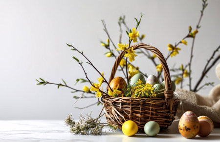A charming wicker basket filled with pastel Easter eggs and vibrant yellow forsythia blossoms sits on a white table.の写真素材