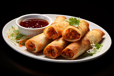 Close-up of golden spring rolls served with a sweet and sour dipping sauce.