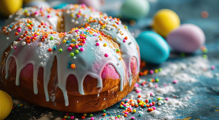 A delectable Easter bread, adorned with vibrant sprinkles and surrounded by pastel-colored eggs.の写真素材