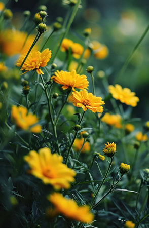 A vibrant image of numerous yellow flowers in full bloom. Lush green foliage provides a beautiful...