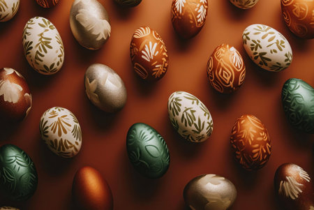 A beautiful flatlay of various decorated Easter eggs on a brown background. The eggs feature unique...