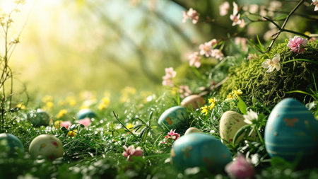 Pastel Easter eggs nestled in a vibrant spring meadow, surrounded by blooming flowers and lush...