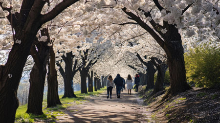 People walk along a path under a beautiful tunnel of cherry blossom trees in full bloom.の写真素材