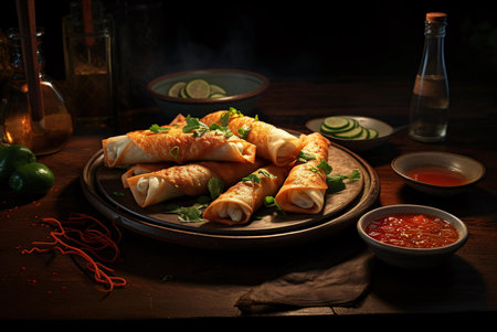 Close-up of golden-brown taquitos served with vibrant dipping sauces. A culinary delight!