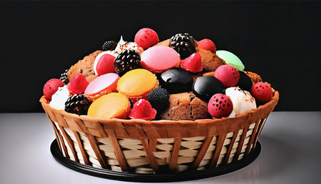 A visually appealing arrangement of colorful macarons and chocolate muffins in a basket. A...