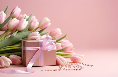 Pink tulips arranged with a gift box, creating a delicate and romantic scene perfect for a celebration or special occasion.の写真素材