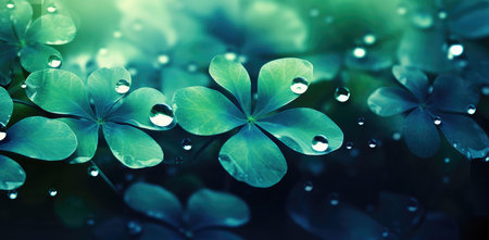 Close-up image of vibrant green leaves with glistening dewdrops. Serene and peaceful.