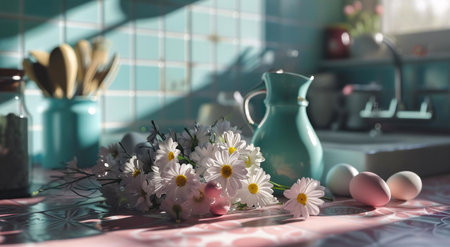 A peaceful kitchen scene with daisies, a teal pitcher, and pastel eggs bathed in sunlight.