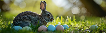 An adorable Easter bunny sits amidst a cluster of pastel-colored eggs in a vibrant green meadow. Perfect for spring celebrations.の写真素材