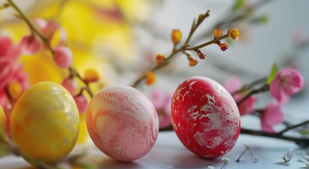 Three pastel Easter eggs rest among delicate spring blossoms, creating a vibrant and festive scene.
