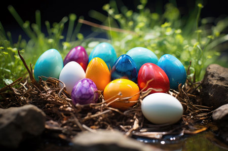 A vibrant collection of painted Easter eggs in a rustic bird's nest, surrounded by lush green grass.の写真素材